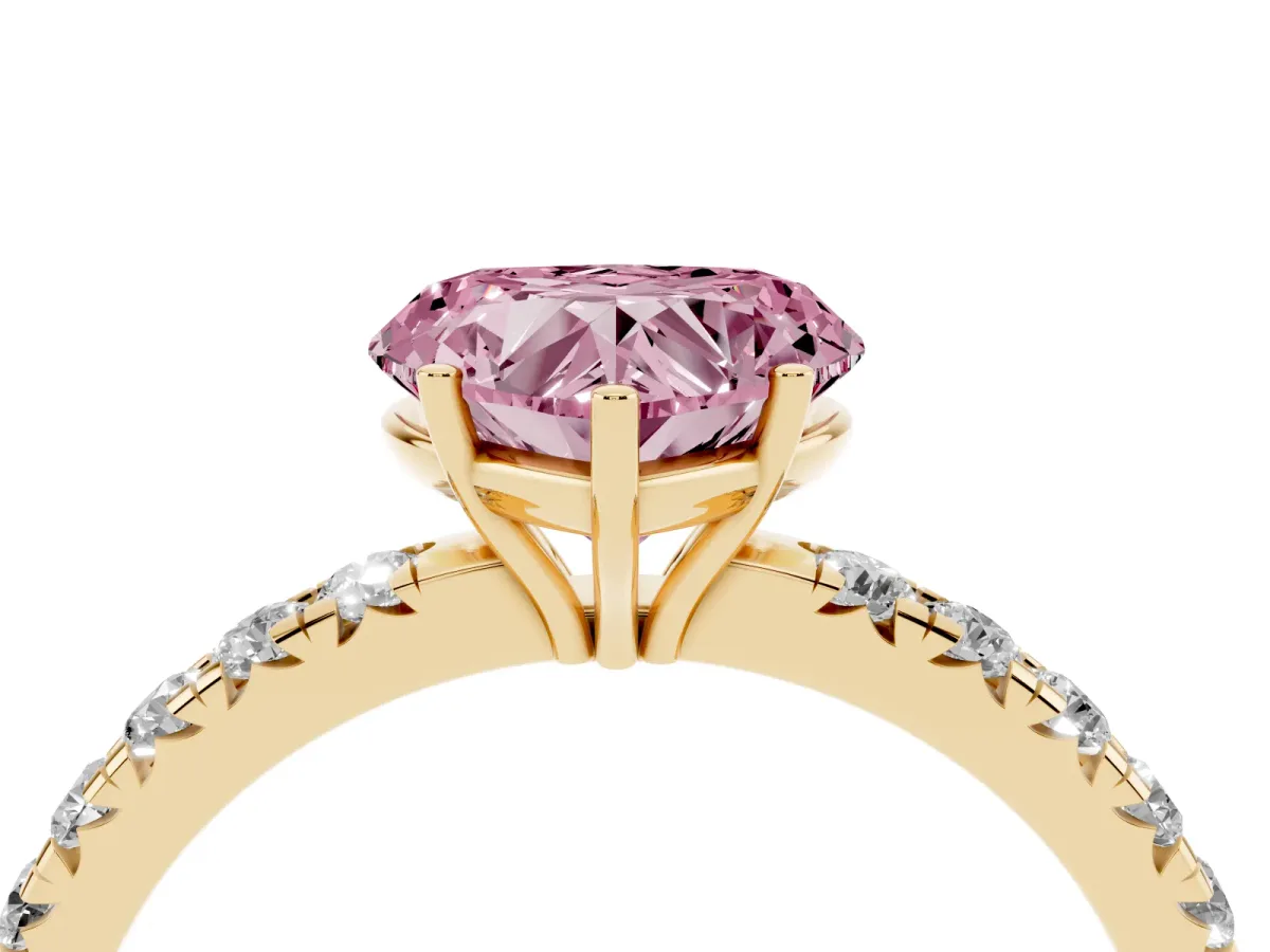 Fancy Pink Heart Cut Diamond Pavé Solitaire Engagement Ring with Four-Prong Setting Yellow gold