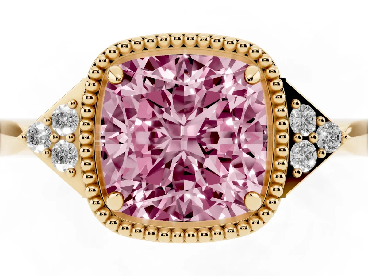 Fancy Pink Hexagonal Halo Cushion Cut Diamond Solitaire with Pavé Band and Four-Prong Setting Yellow gold