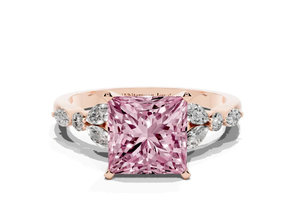 Fancy Pink Princess Cut Diamond Solitaire Ring with Side Stones and Four-Prong Setting Rose gold