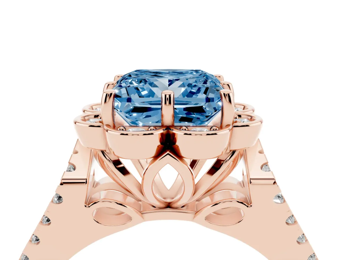 Fancy Blue Princess Cut Halo Diamond Floral Split Shank Engagement Ring Rose gold