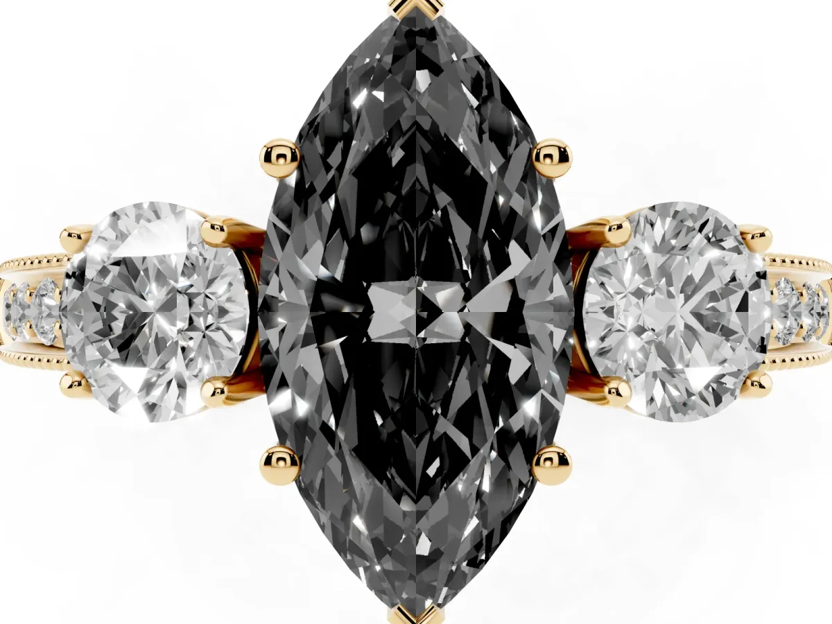 Fancy Black Marquise Cut Three-Stone Diamond Ring with Pavé Band and Four-Prong Setting Yellow gold