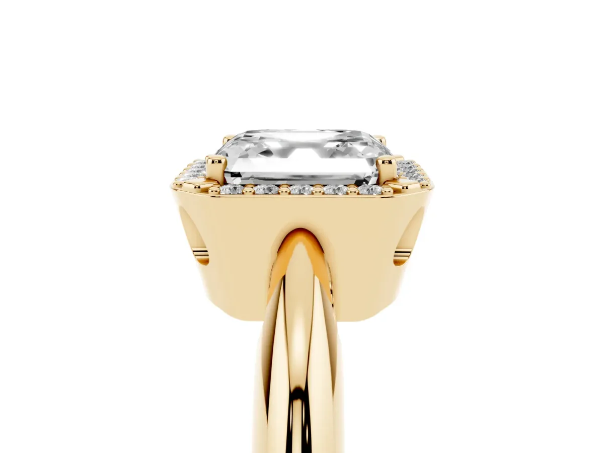 Asscher Cut Cut Diamond Halo Engagement Ring with Split Shank and Four-Prong Setting Yellow gold