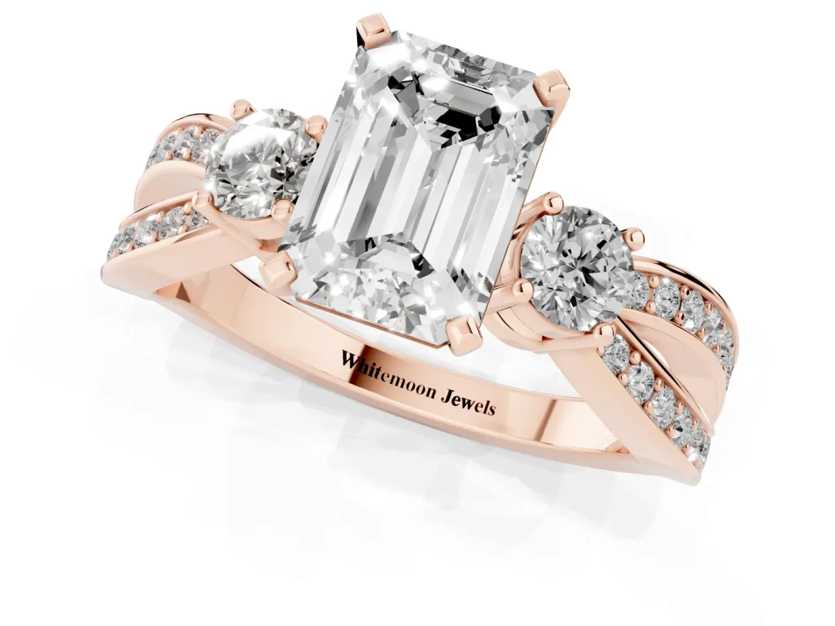 Three-Stone Emerald Cut Cut Diamond Twist Band with Prong Setting Rose gold