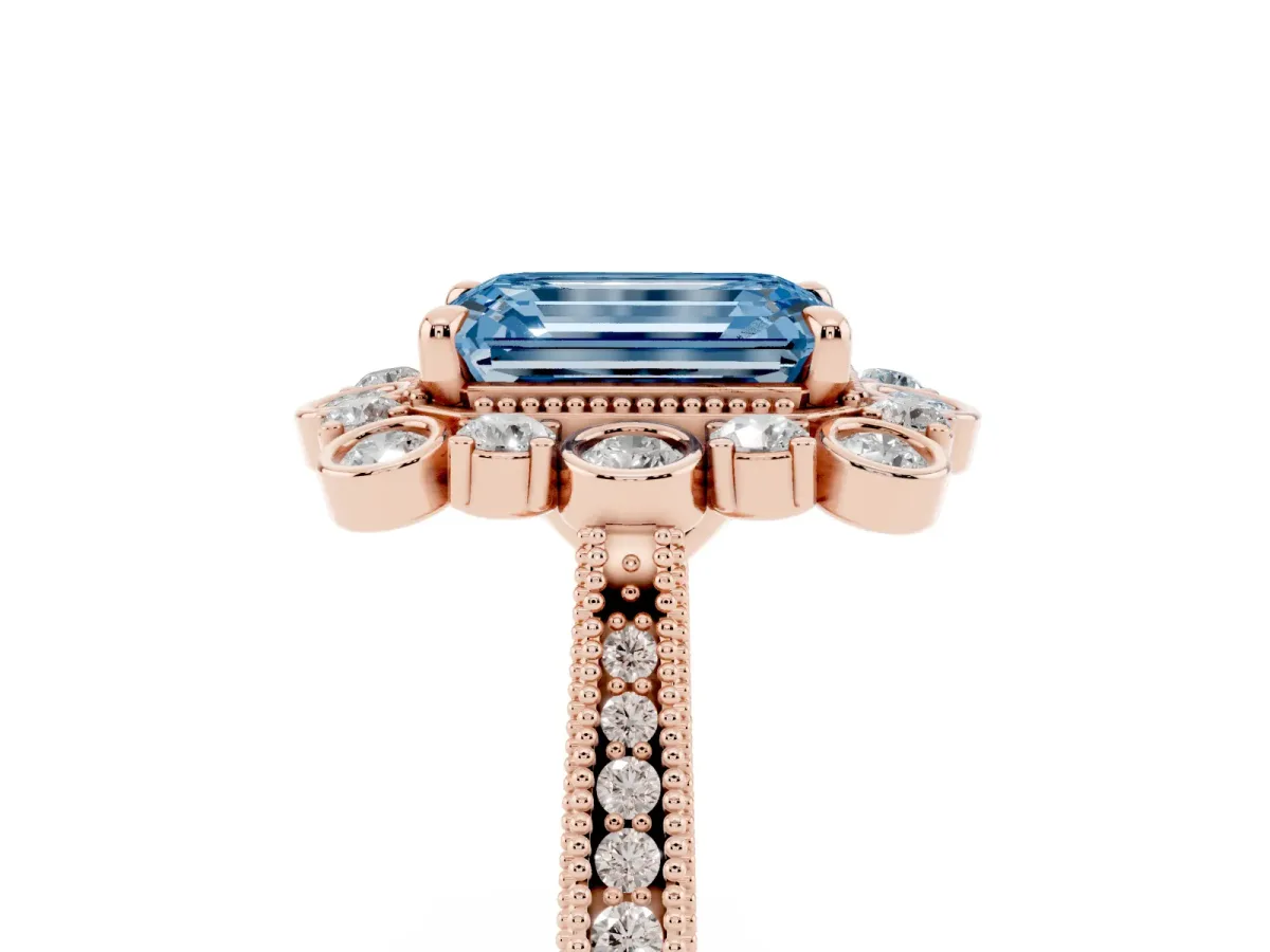 Fancy Blue Emerald Cut Halo Milgrain Pave Diamond Ring with Four-Prong Setting Rose gold