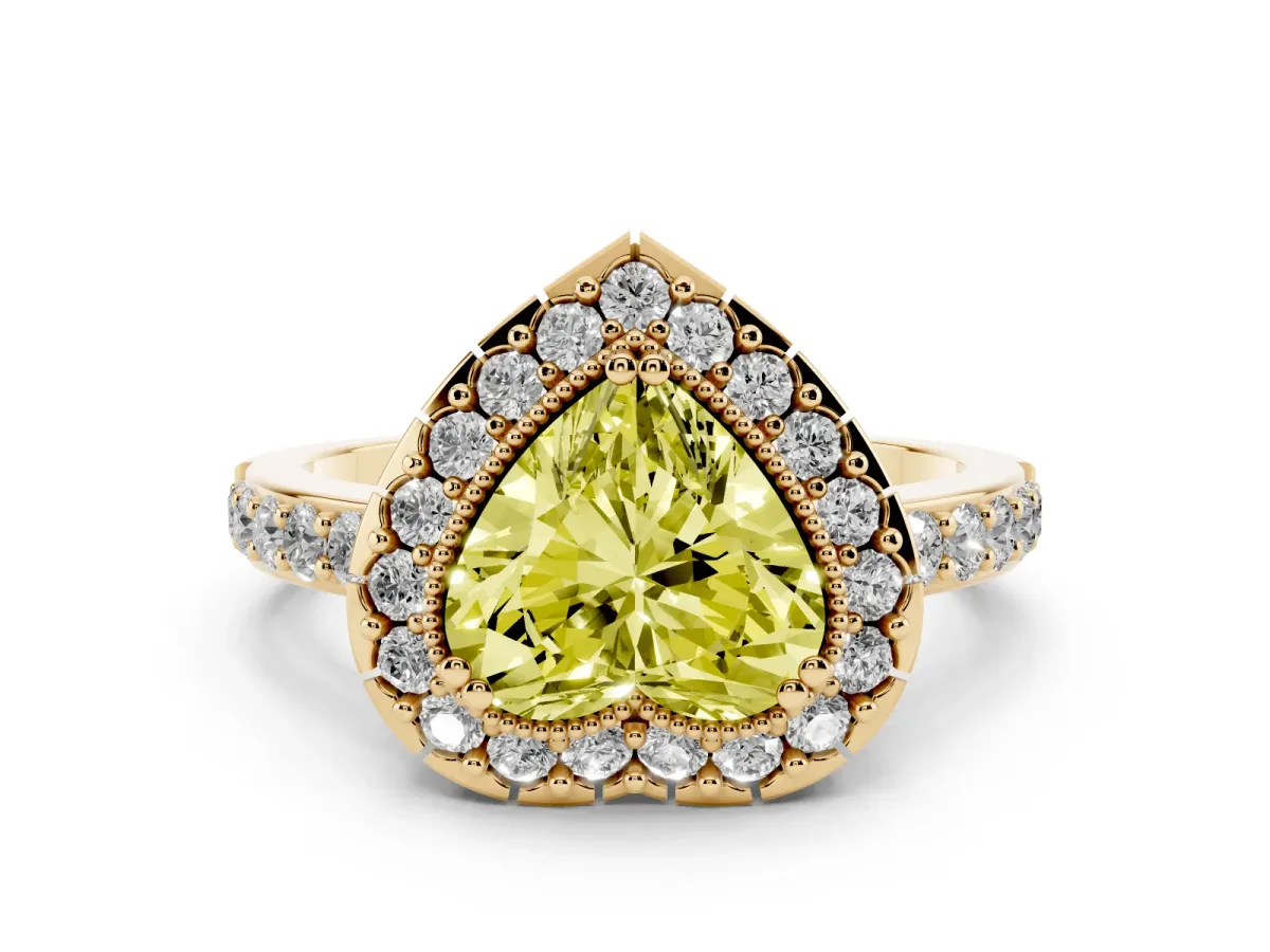 Fancy Yellow Heart Cut Diamond Halo Ring with Pavé Band and Prong Setting Yellow gold