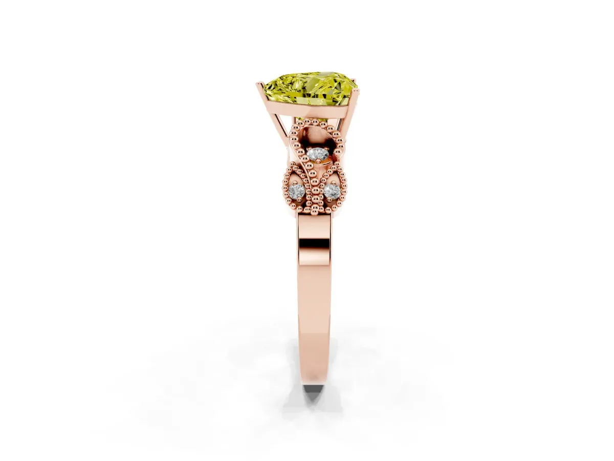 Fancy Yellow Heart Cut Solitaire Milgrain Leaf Band with Prong Setting Rose gold