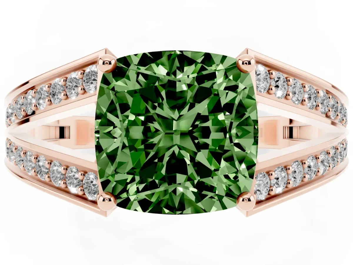 Fancy Green Cushion Cut Diamond Split Shank Ring with Pavé Band and Four-Prong Setting Rose gold
