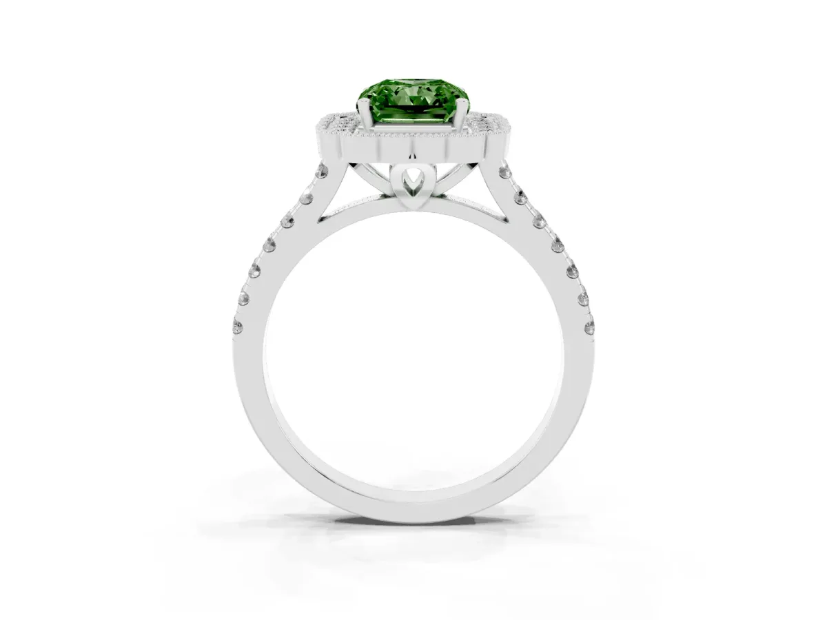 Fancy Green Radiant Cut Cut Diamond Milgrain Floral Halo Engagement Ring with Pavé Band Silver