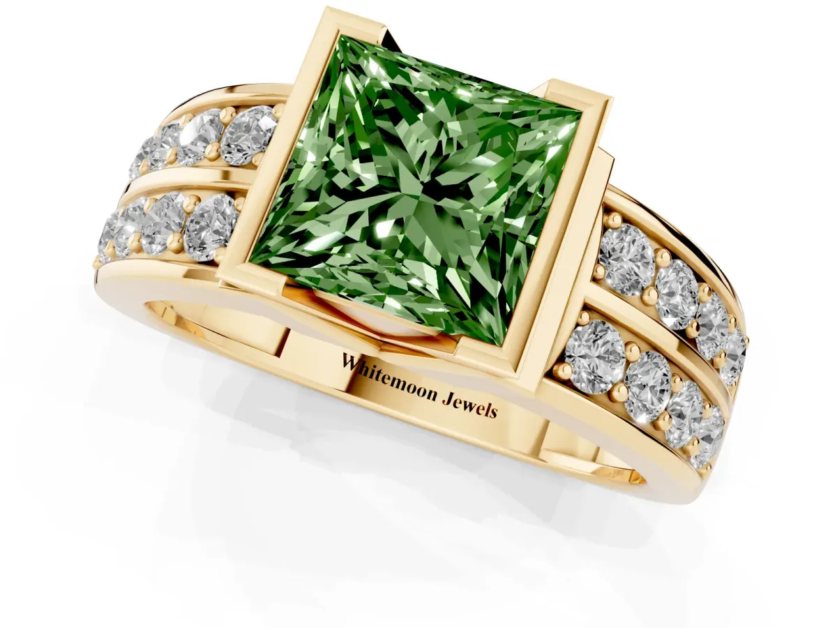 Fancy Green Princess Cut Brilliant Diamond Channel Set Wide Band Ring with Bezel Setting Yellow gold