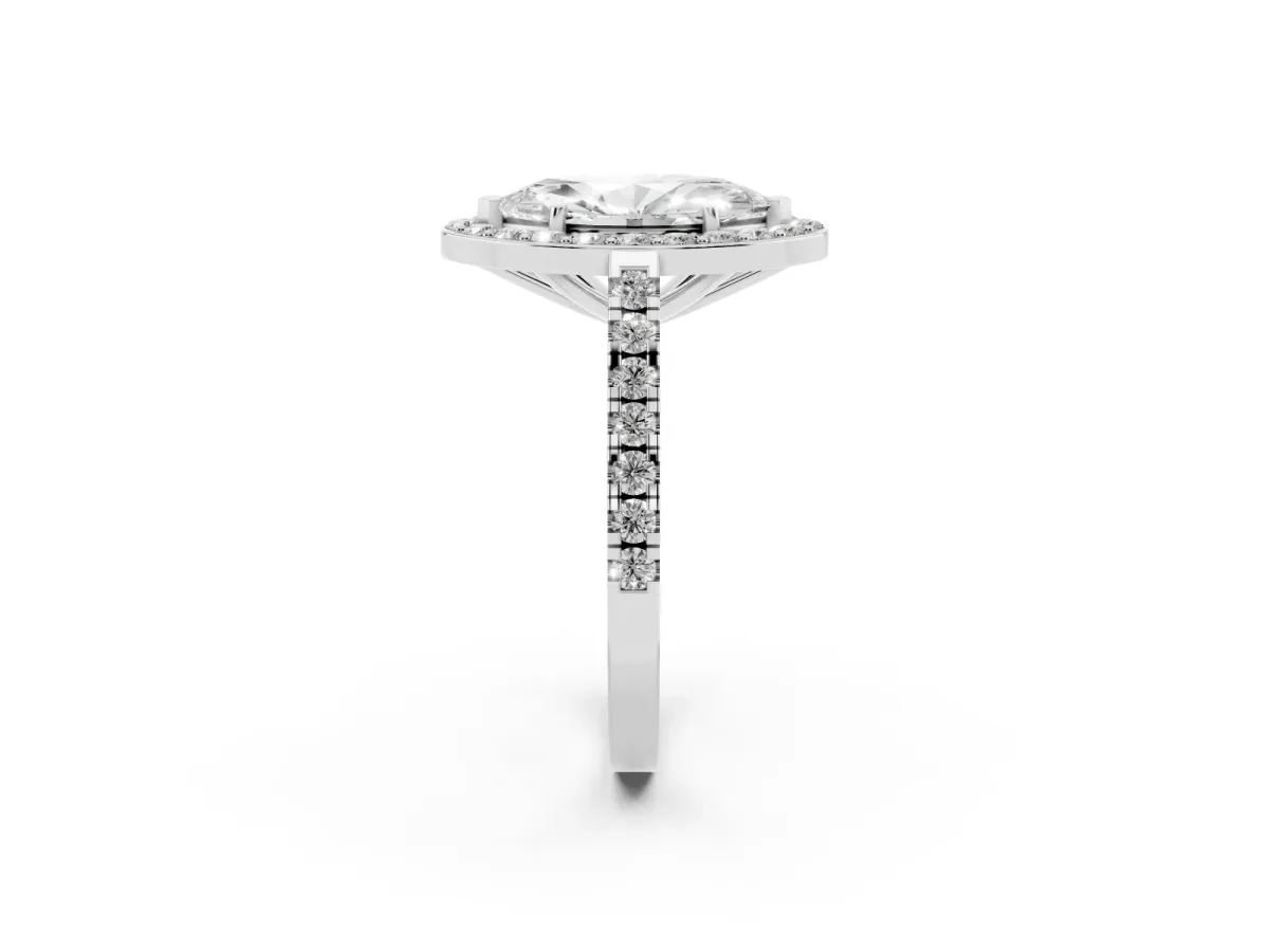 Marquise Cut Diamond Halo Ring with Round Pavé Split Shank and Prong Setting Silver
