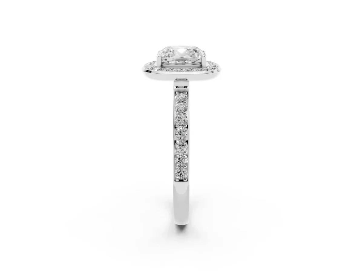 Cushion Cut Diamond Halo Ring with Bezel Frame and Pavé Band Silver