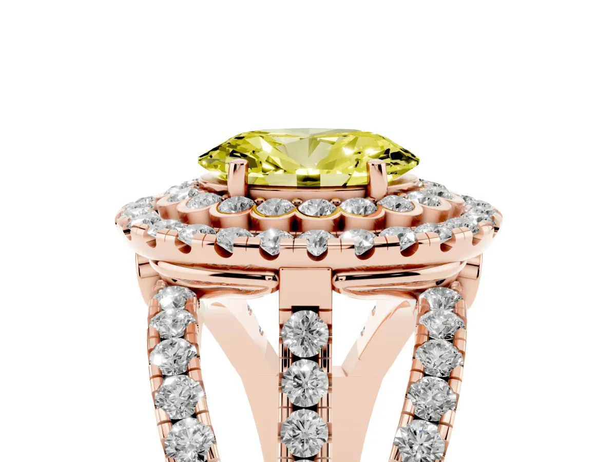 Fancy Yellow Oval Cut Diamond Double Halo Ring with Round Pavé Split Shank and Prong Setting Rose gold