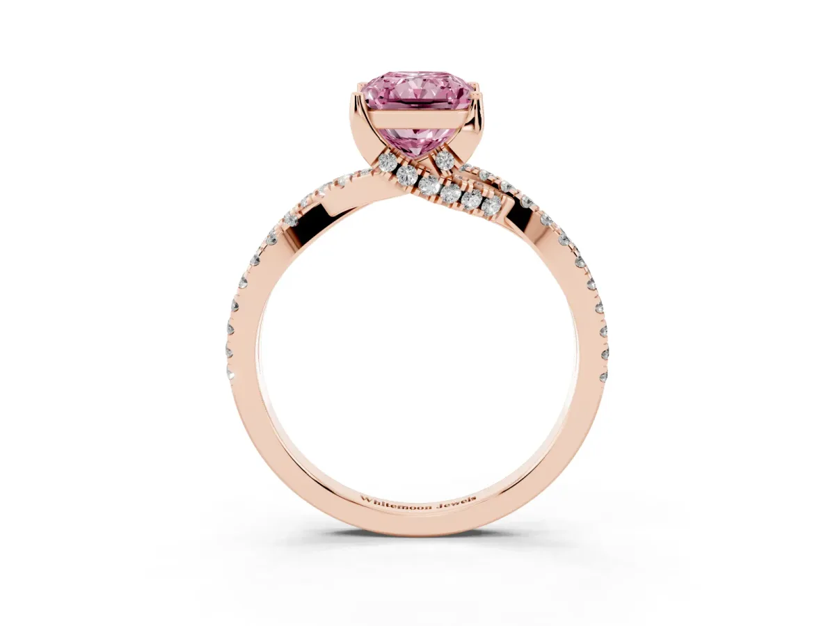 Fancy Pink Radiant Cut Solitaire Twist Pave Diamond Engagement Ring with Prong Setting Rose gold