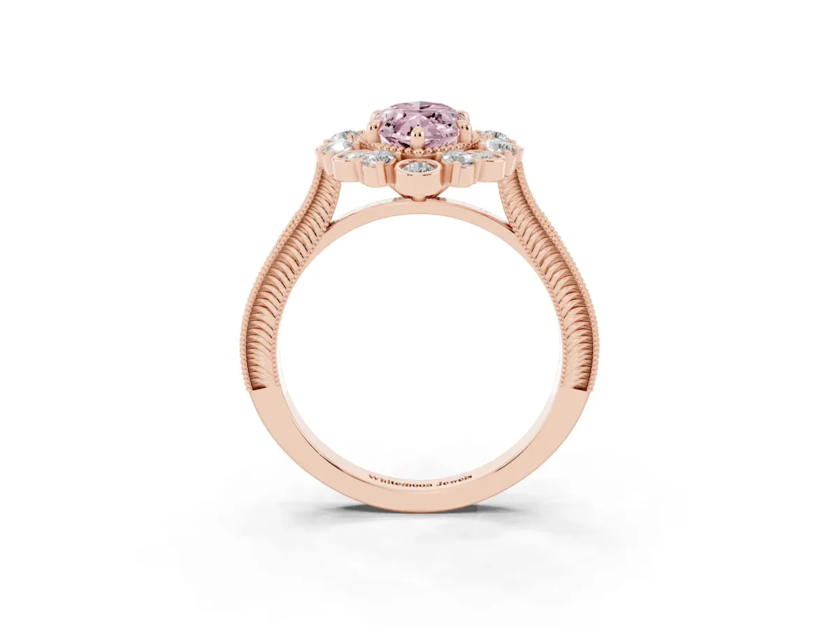 Fancy Pink Marquise Cut Halo Milgrain Pave Diamond Ring with Four-Prong Setting Rose gold