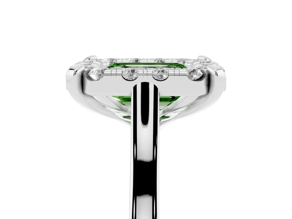 Fancy Green Emerald Cut Diamond Cluster Halo Solitaire with Four-Prong Setting Platinum