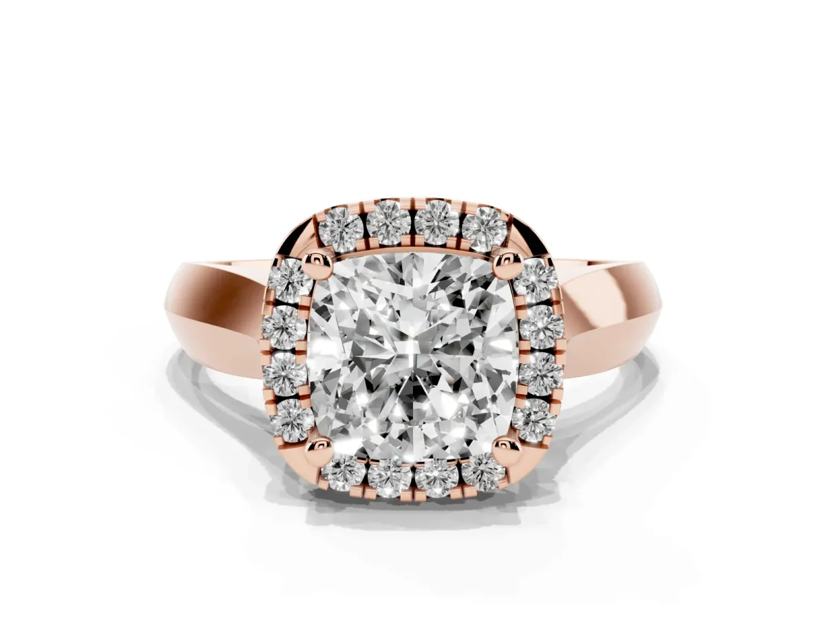 Cushion Cut Cut Halo Solitaire Engagement Ring with Square Band and Four-Prong Setting Rose gold