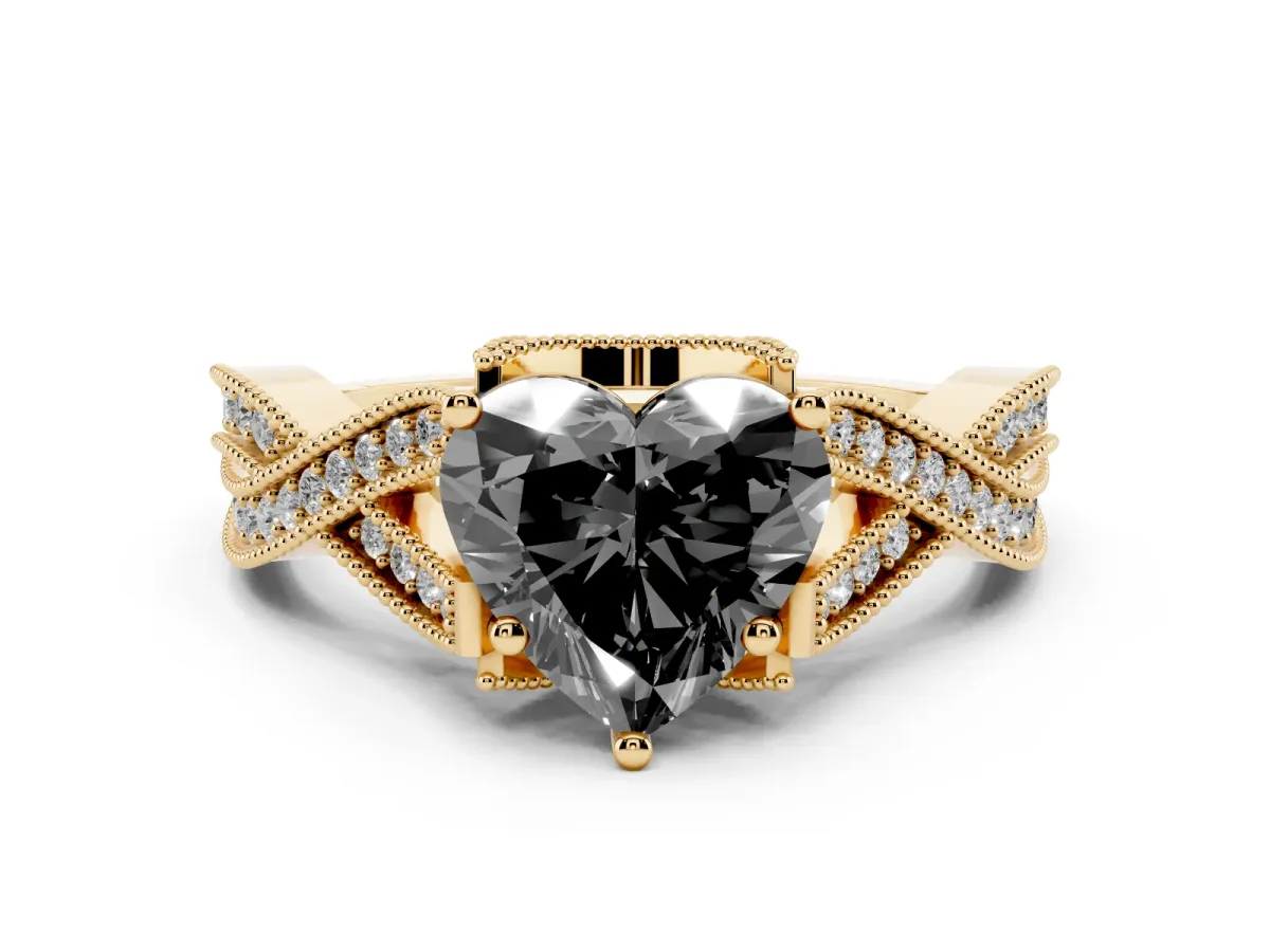 Fancy Black Heart Cut Cut Diamond Twisted Band with Milgrain Pave Setting and Four-Prong Setting Yellow gold