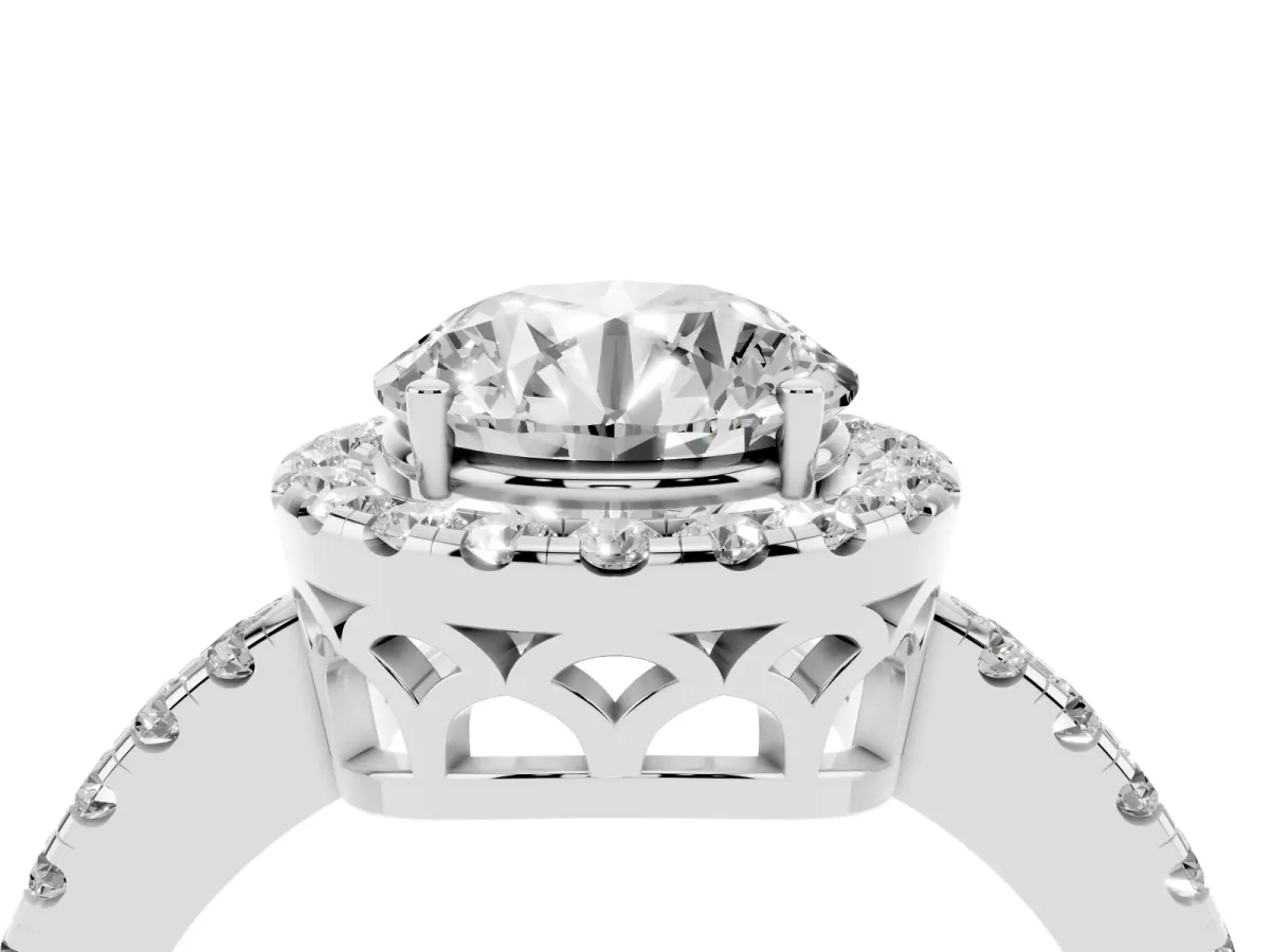 Round Cut Halo Diamond Engagement Ring with Pavé Band and Four-Prong Setting Silver