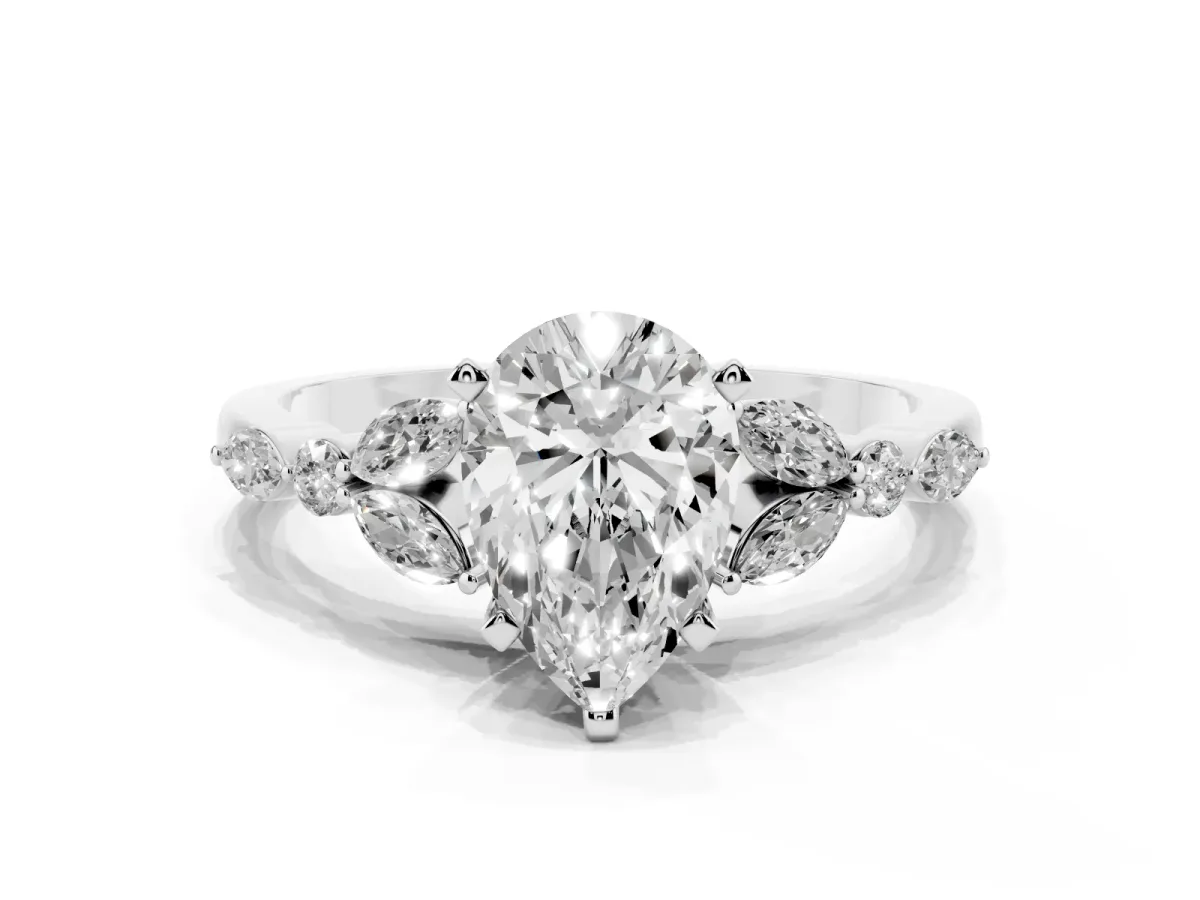 Pear Cut Diamond Solitaire Ring with Side Stones and Four-Prong Setting Silver