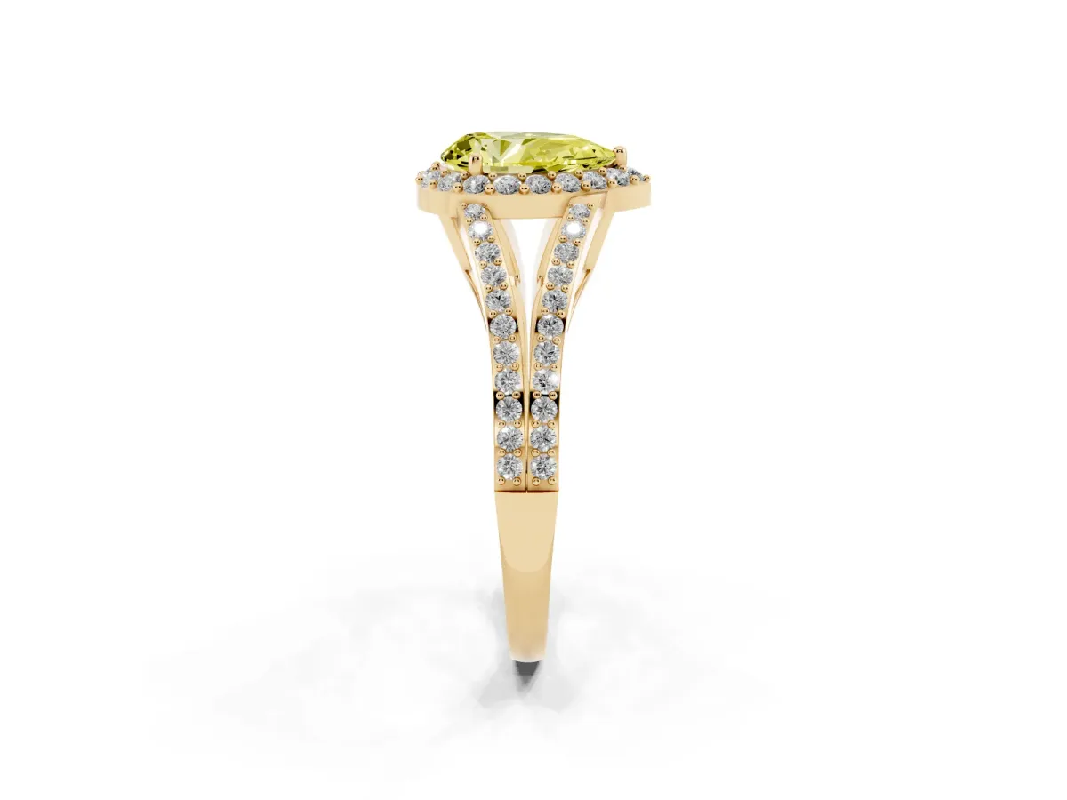 Fancy Yellow Pear Cut Halo Split Shank Diamond Ring with Prong Setting Yellow gold