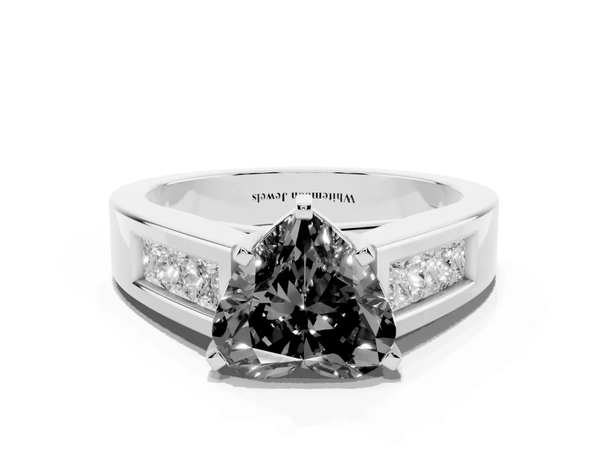 Fancy Black Heart Cut Cut Channel Set Solitaire Ring with Four-Prong Setting Silver
