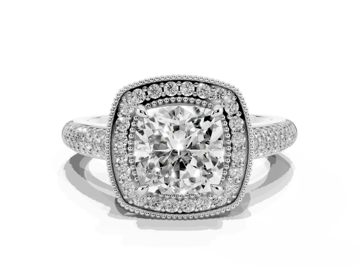 Cushion Cut Cut Halo Diamond Pave Band with Four-Prong Setting Silver