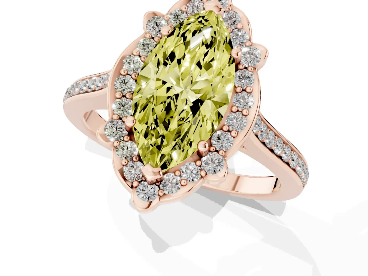 Fancy Yellow Marquise Cut Halo Round Diamond Pave Band with Four-Prong Setting Rose gold