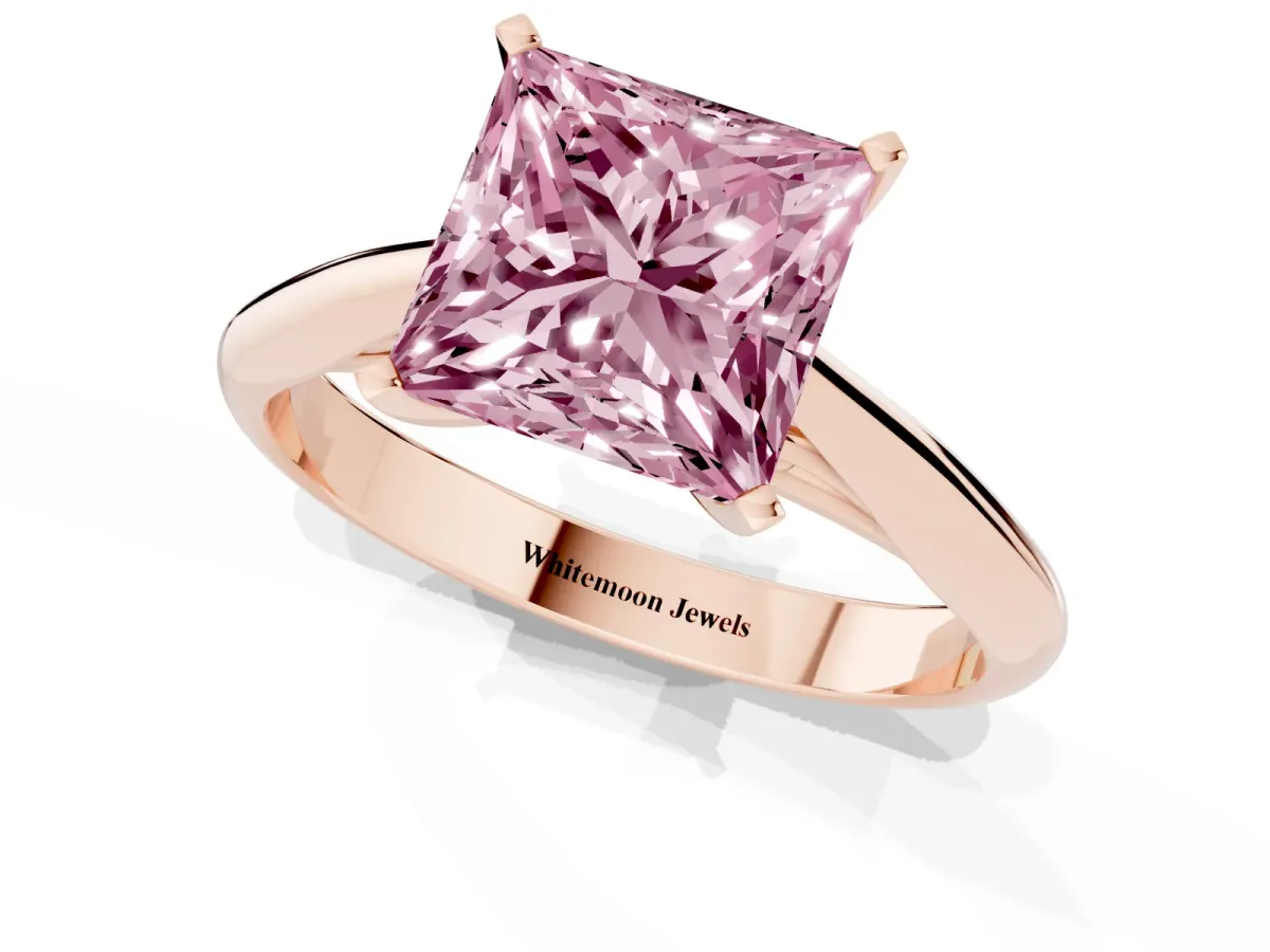 Fancy Pink Princess Cut Diamond Solitaire Engagement Ring with Cathedral Setting and Four-Prong Mount Rose gold