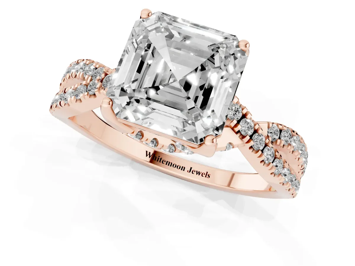Asscher Cut Solitaire Twist Pave Diamond Engagement Ring with Prong Setting Rose gold
