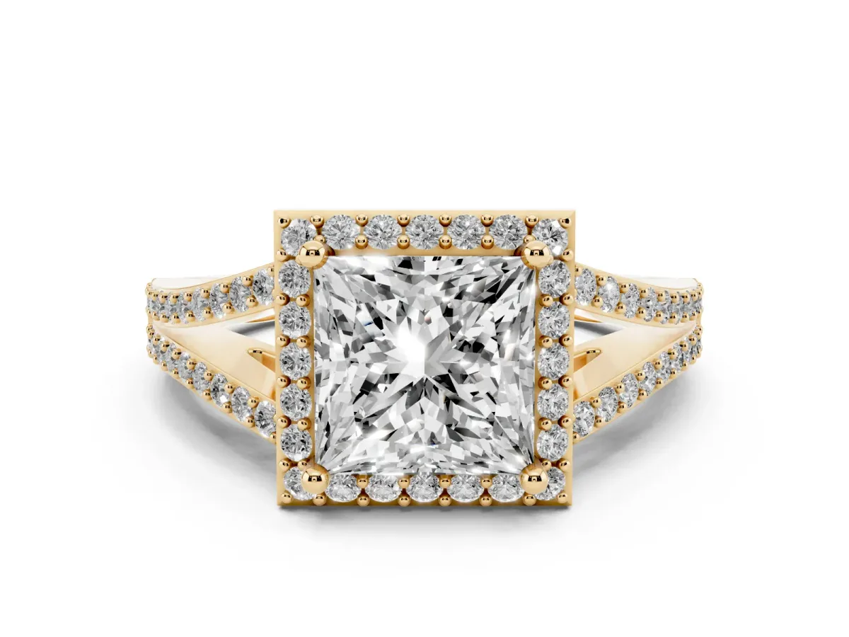 Princess Cut Halo Split Shank Pave Diamond Ring with Four-Prong Setting Yellow gold
