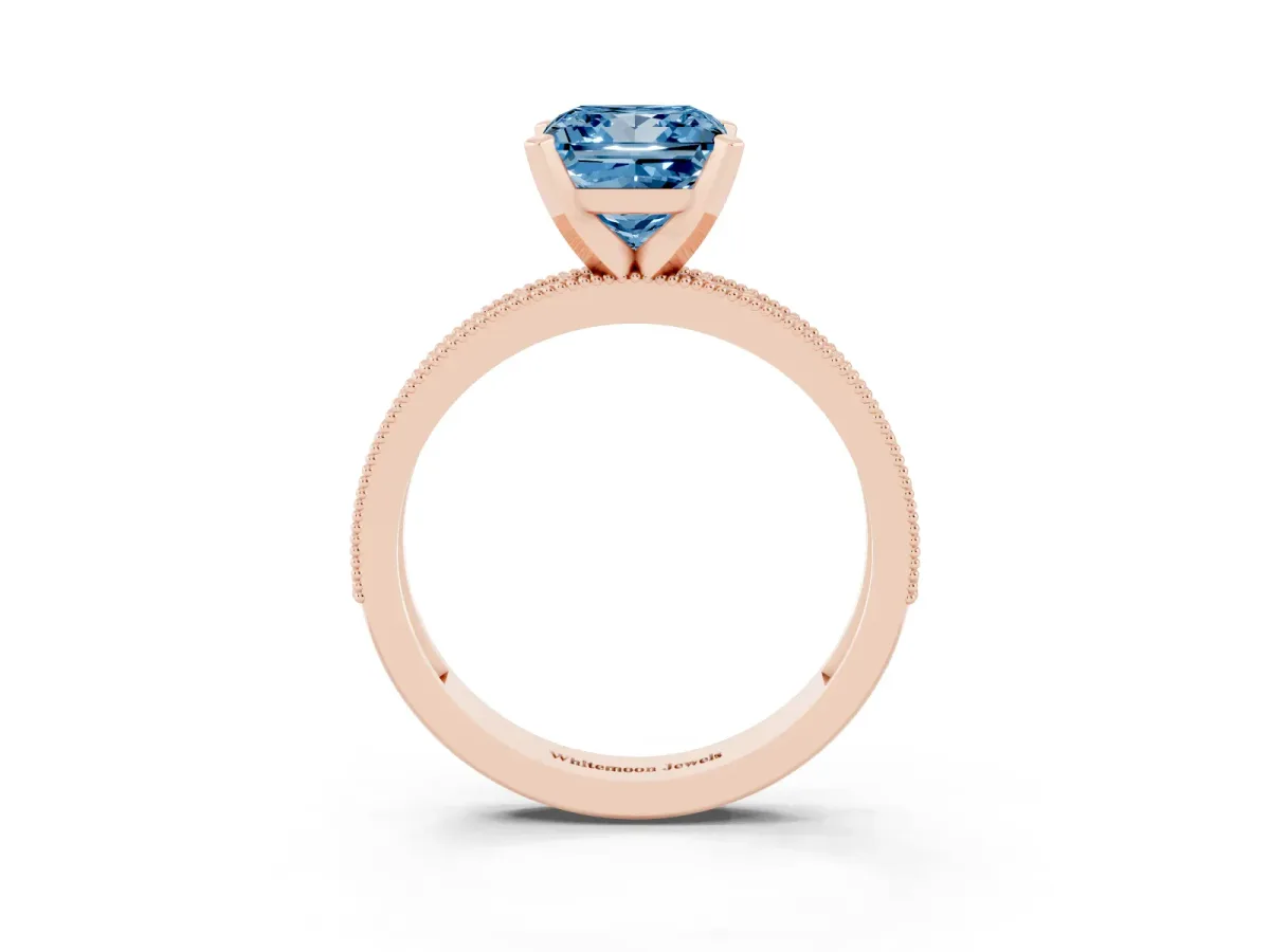Fancy Blue Princess Cut Diamond Milgrain Pavé Engagement Ring with Four-Prong Setting Rose gold