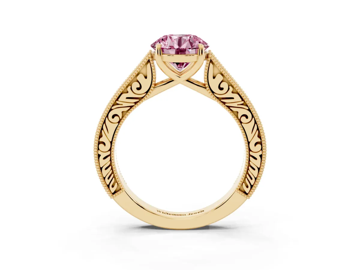 Fancy Pink Round Cut Cut Pave Band Milgrain Solitaire Ring Yellow gold