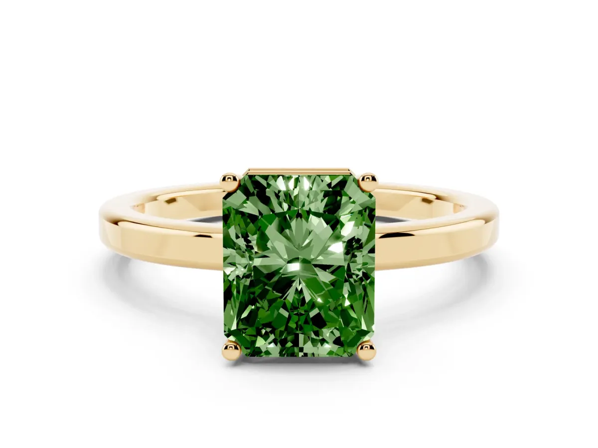 Fancy Green Radiant Cut Cut Solitaire Engagement Ring with Four-Prong Setting on a Classic Band Yellow gold