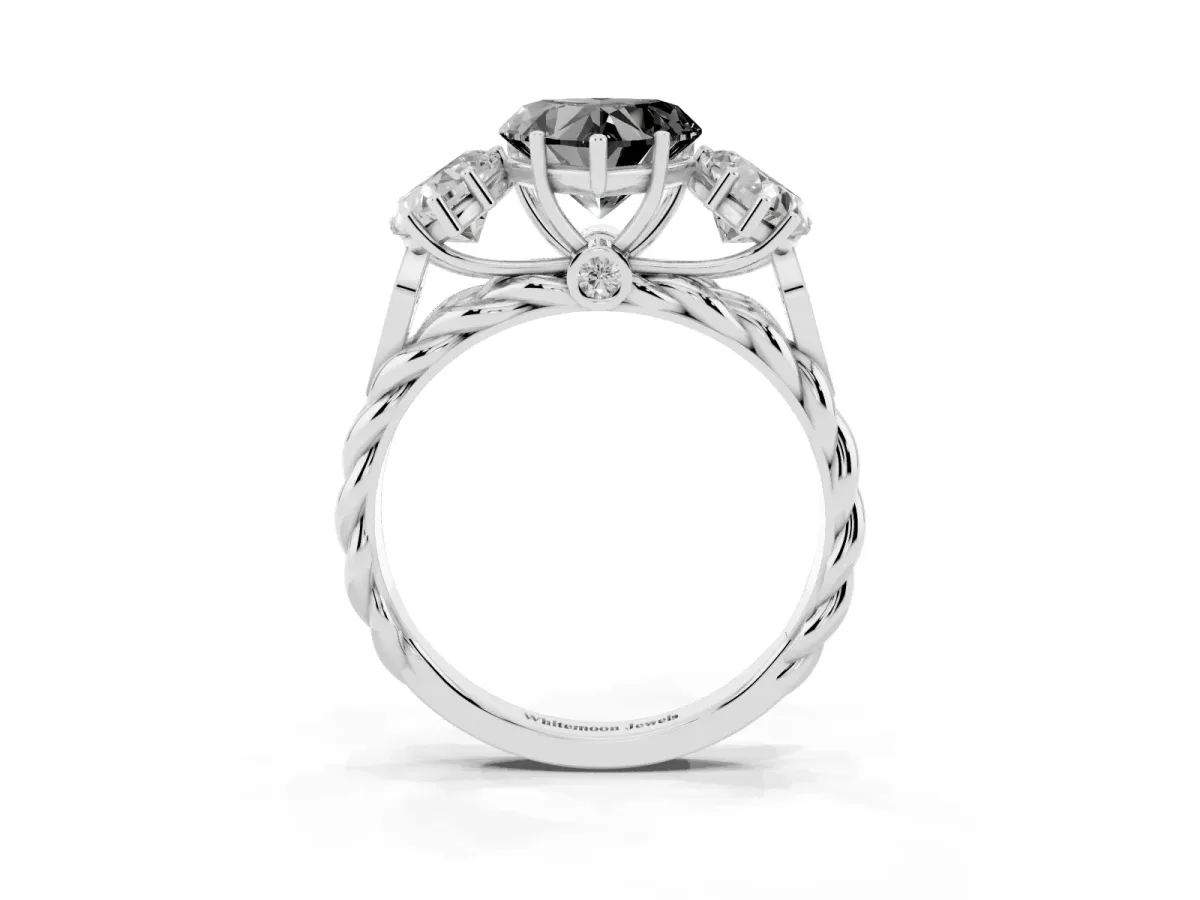 Fancy Black Three-Stone Heart Cut Diamond Braided Band Ring with Four-Prong Setting Silver