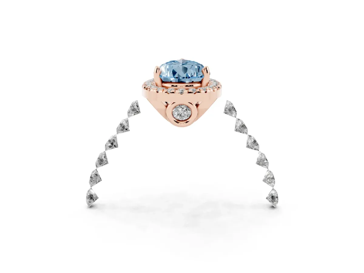Fancy Blue Pear Cut Halo Pavé Diamond Engagement Ring with Four-Prong Setting Rose gold