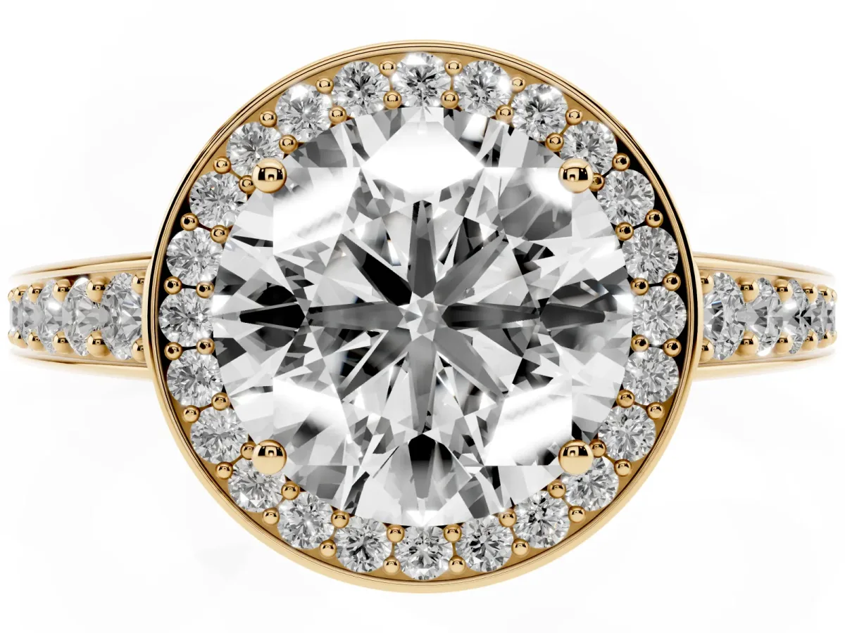 Round Cut Halo Pavé Diamond Engagement Ring with Bezel Setting Yellow gold