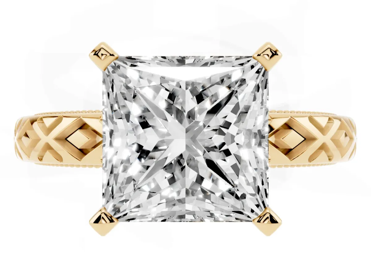 Princess Cut Solitaire Diamond Ring with Milgrain and Black Enamel X Pattern Band Yellow gold