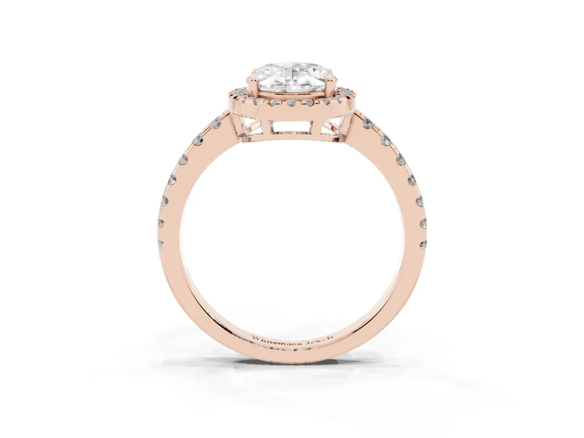 Oval Cut Diamond Halo Ring with Pavé Band and Four-Prong Setting Rose gold
