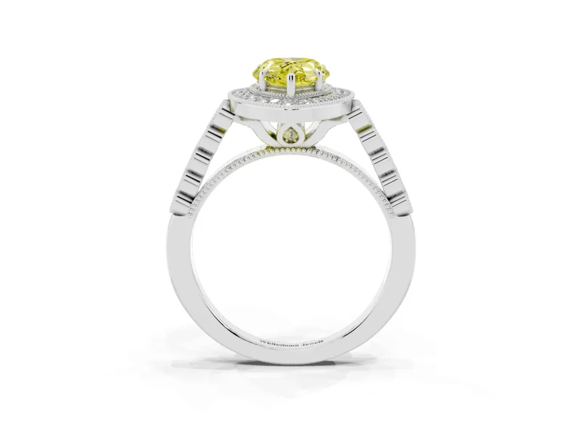 Fancy Yellow Pear Cut Halo Milgrain Solitaire with Bezel Set Side Stones and Pave Band Silver