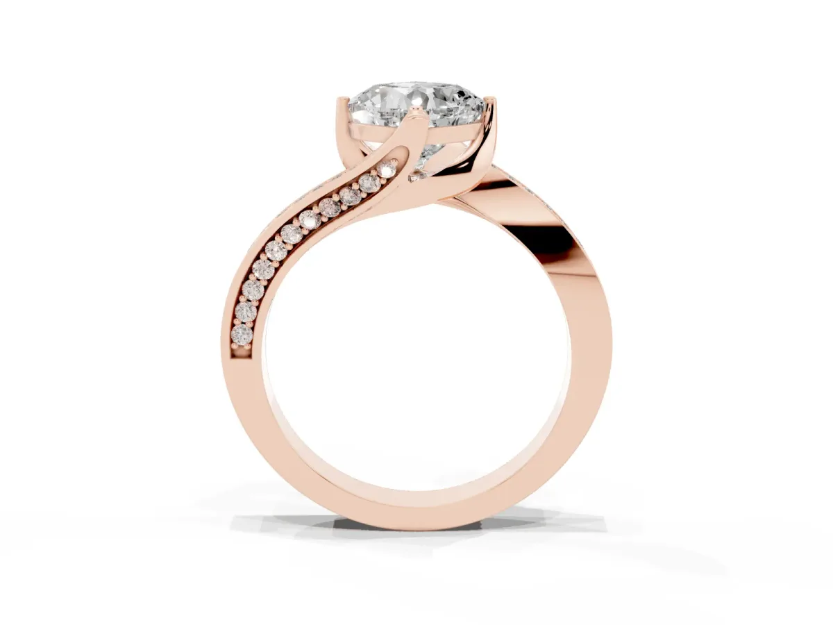 Cushion Cut Solitaire Diamond Twist Band with Pavé Setting and Four-Prong Setting Rose gold