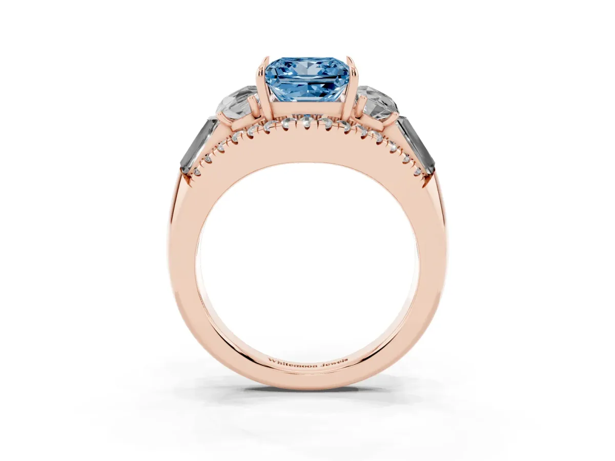 Fancy Blue Three-Stone Princess Cut Diamond Engagement Ring with Pave Band and Prong Setting Rose gold