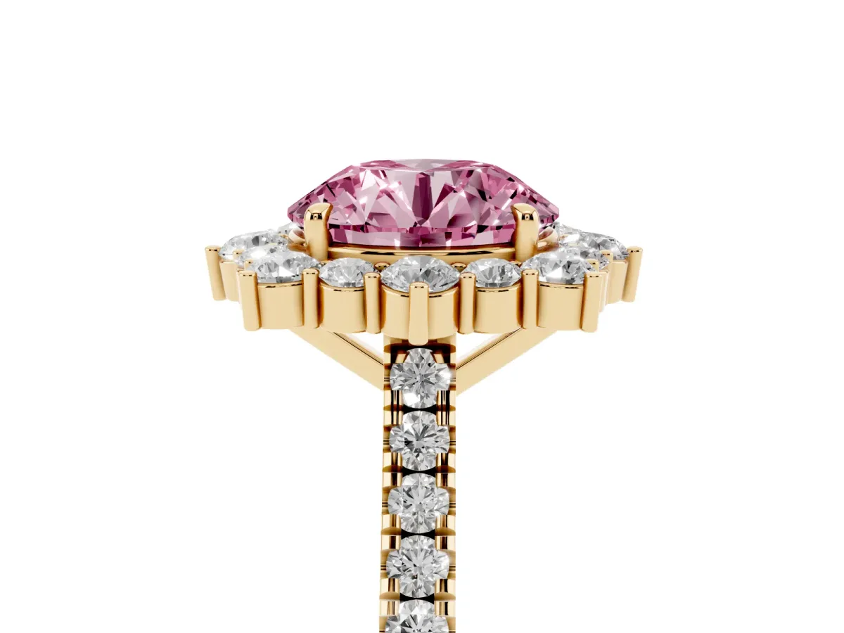 Fancy Pink Round Cut Halo Diamond Ring with Pavé Band and Prong Setting Yellow gold
