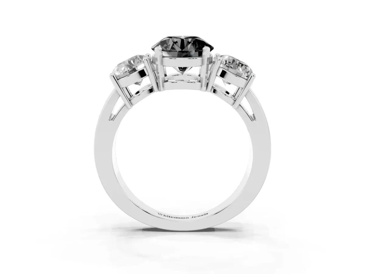 Fancy Black Three-Stone Round Cut Diamond Ring with Round Side Stones, Classic Band, and Four-Prong Setting Platinum