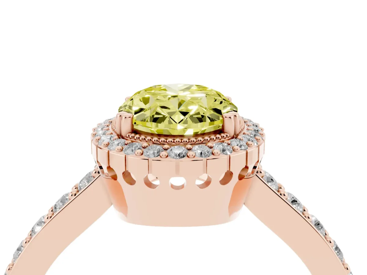Fancy Yellow Oval Cut Cut Diamond Halo Engagement Ring with Milgrain Detail and Pavé Band Rose gold