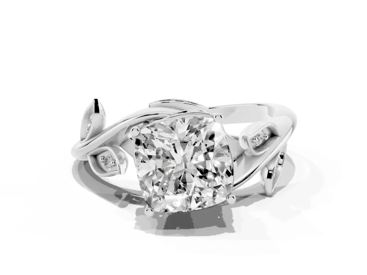 Cushion Cut Solitaire Twist Engagement Ring with Leaf Accents and Prong Setting Silver