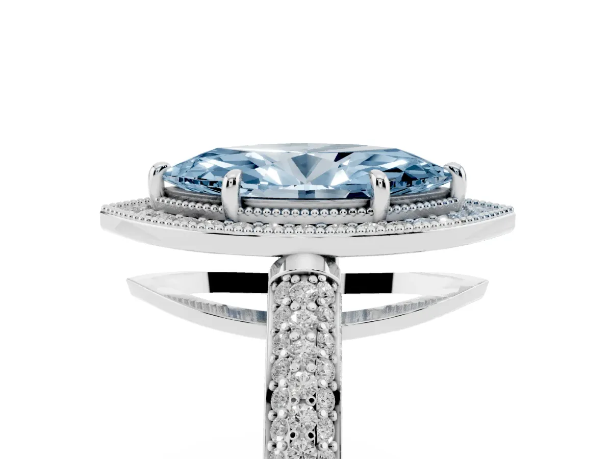 Fancy Blue Marquise Cut Cut Halo Diamond Pave Band with Four-Prong Setting Silver