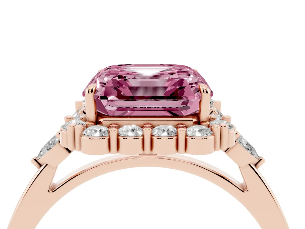 Fancy Pink Asscher Cut Diamond Halo Ring with Pear Side Stones and Prong Setting Rose gold