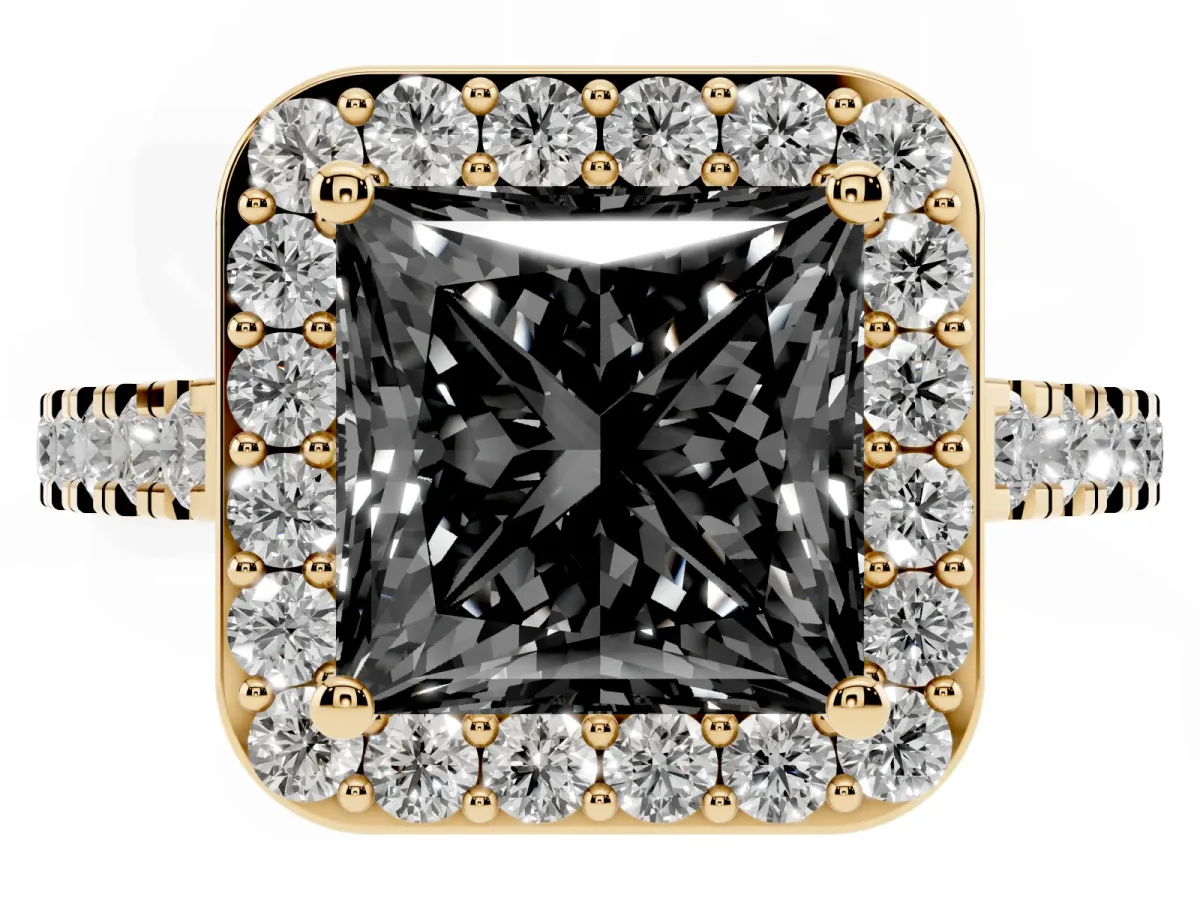 Fancy Black Princess Cut Diamond Halo Ring with Round Pavé Split Shank and Prong Setting Yellow gold