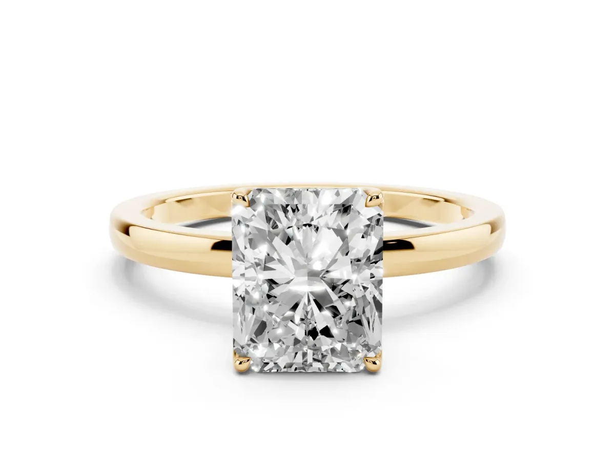Radiant Cut Diamond Solitaire Ring with Thin Band and Prong Setting Yellow gold