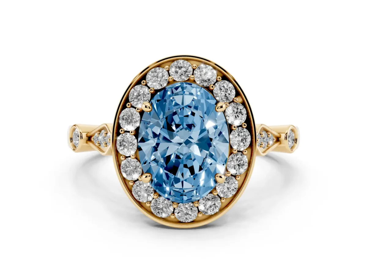 Fancy Blue Oval Cut Halo Diamond Engagement Ring with Twisted Band and Four-Prong Setting Yellow gold